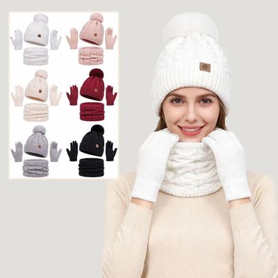 Thickened Women Hat Scarf Gloves Set Solid Color Winter Knit Gloves Set Pompom Beanies Hat  Outdoor