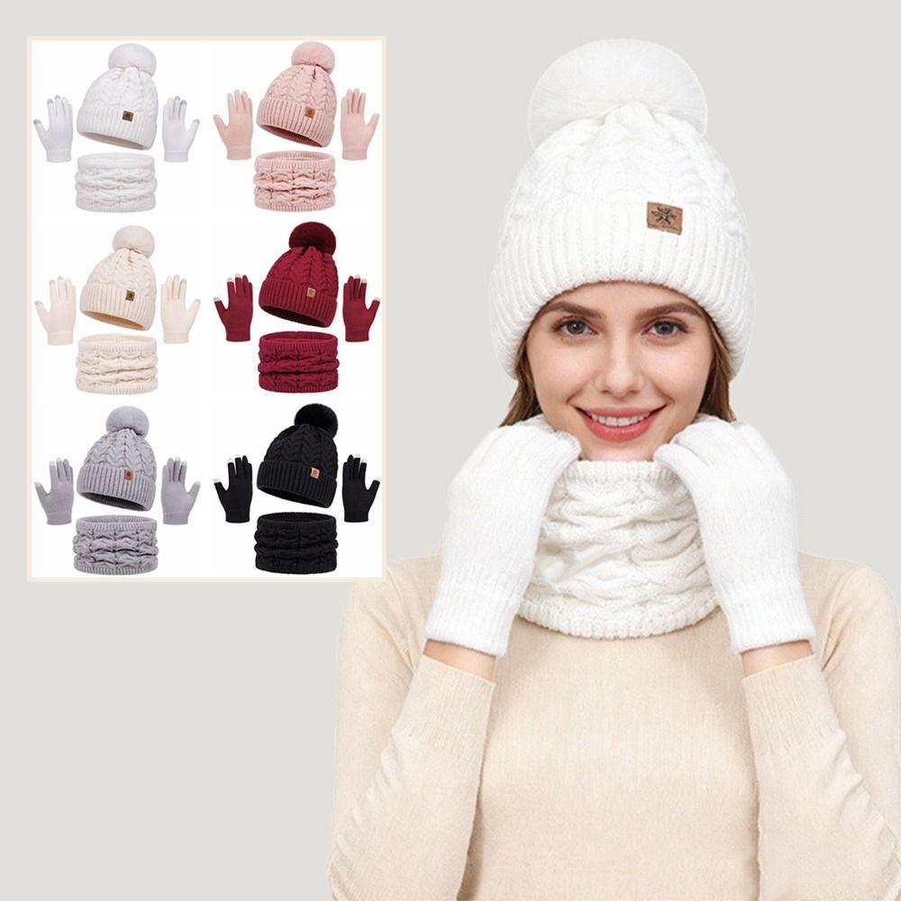 Solid Color Pompom Beanies Hat Beanie Hat Winter Knit Gloves Set  Outdoor