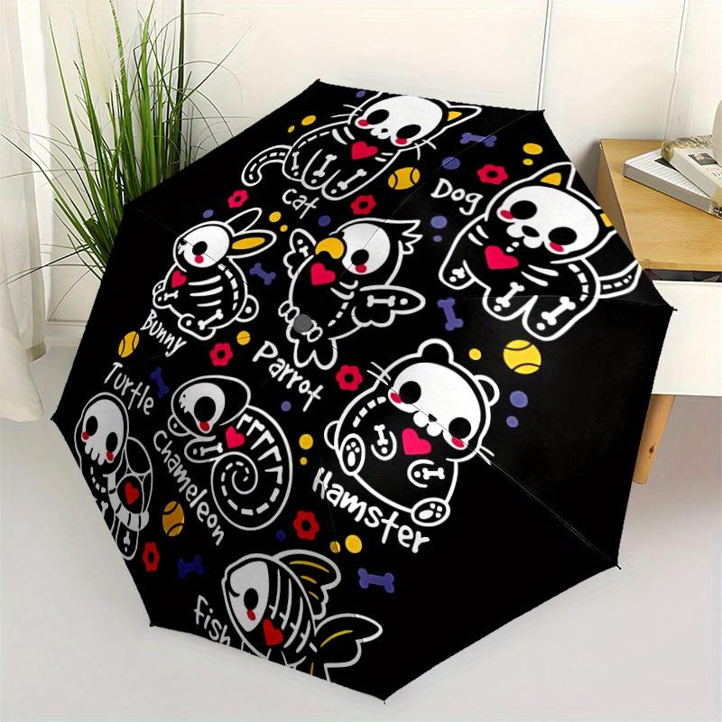 1pc Pet Animal Skull Cute Automatic Open/close, Heavy-Duty Iron Frame & 8-Rib Structure, Compact Folding Umbrella for Women/Men, All-Season Travel, Ha