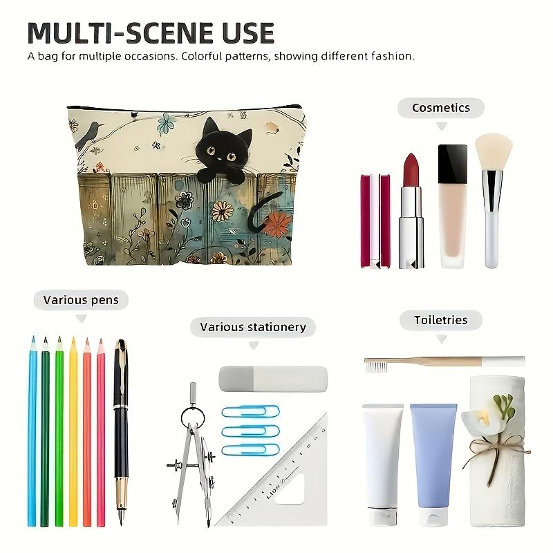 1pc Stylish Cat Floral Cosmetic Bag with Zipper Closure - Lightweight Foldable Travel Makeup Organizer for Women makeup pouch