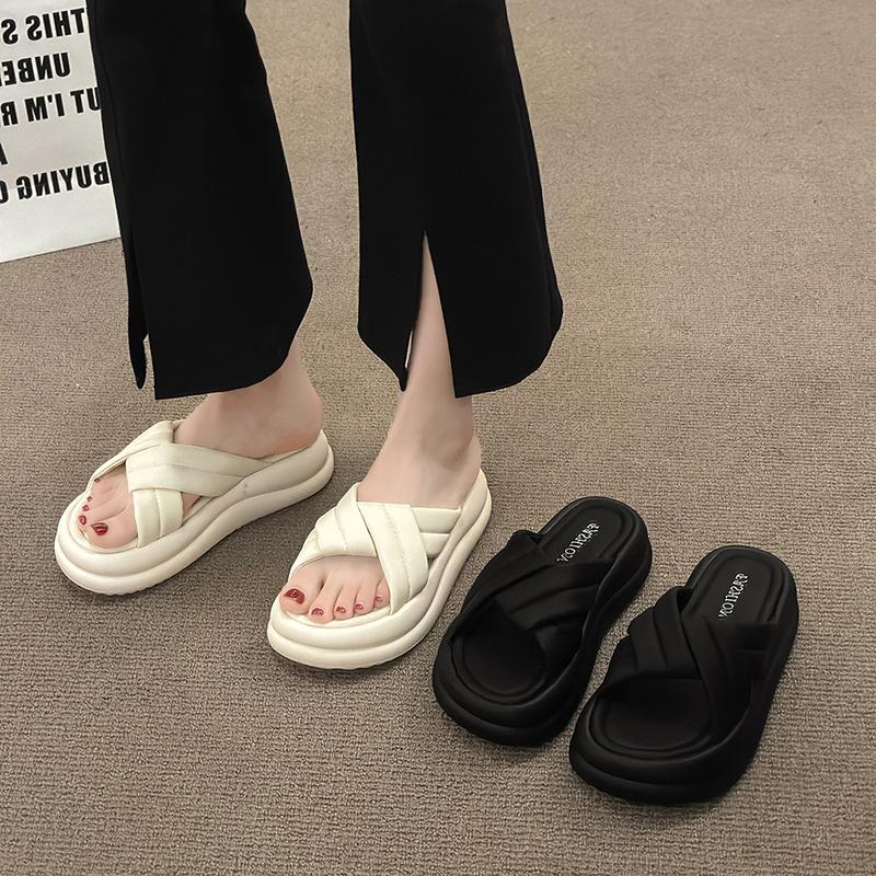 Platform drag women's shoes new summer wear beach one-word slippers cross fashion soft sole women non-slip