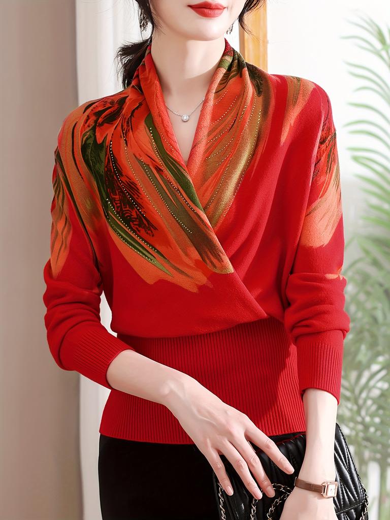 Ladies' Elegant Long Sleeved Soft and Warm Cross Neck Knitted Sweater with Printed V-neck Base Sweater