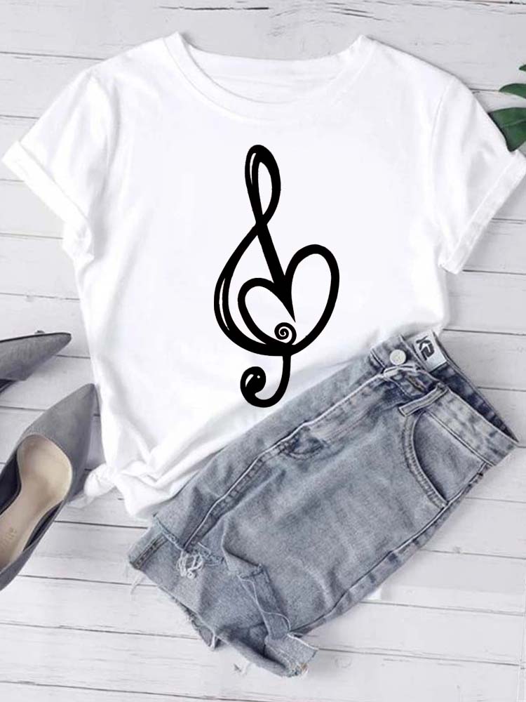 T-shirt Mode Femme Imprimé Notes de Musique T-shirt Décontracté Hauts Noirs Années 90 Dames Filles T-shirt FeUnisex Harajuku T-shirt Graphique