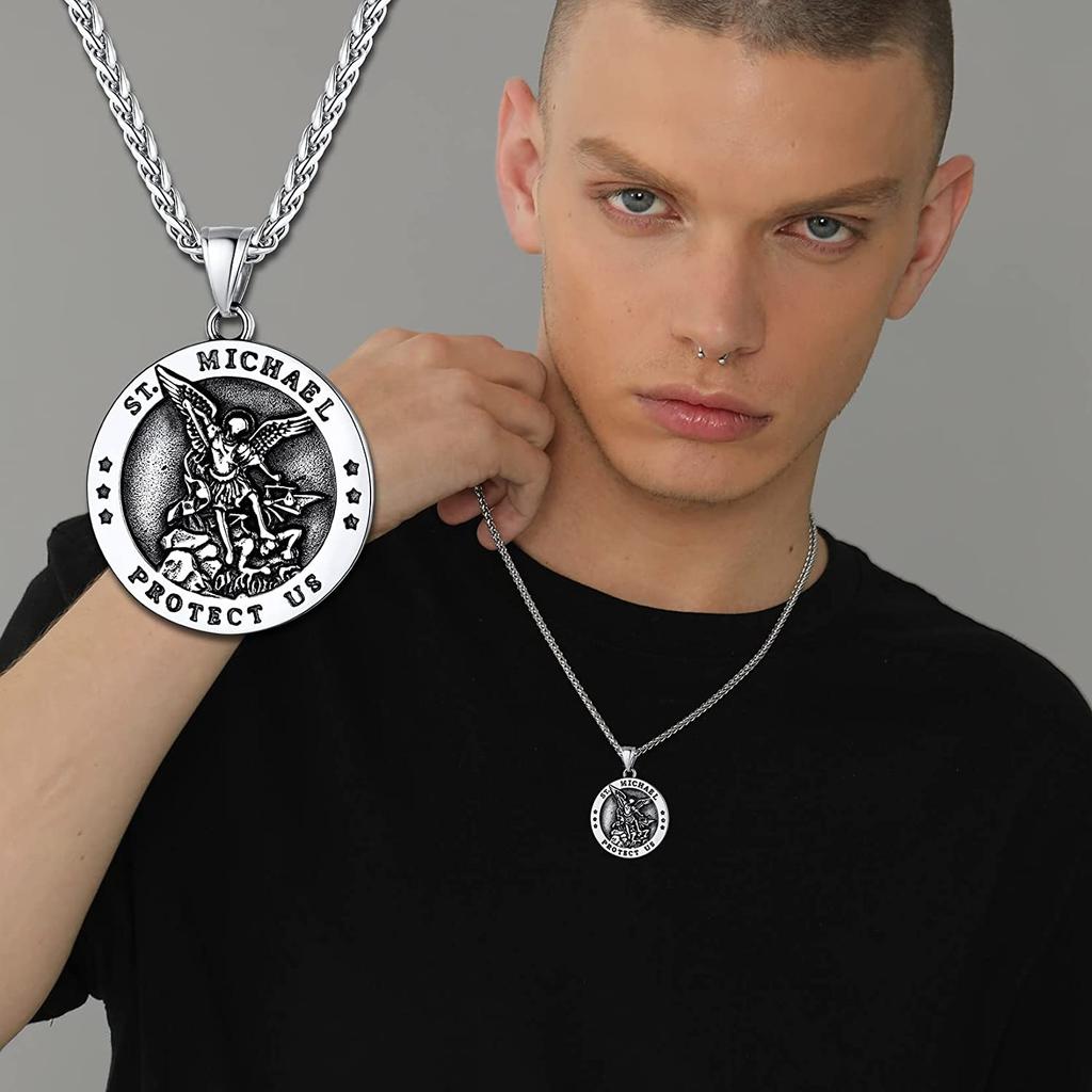 U7 Round Medal St Michael Necklaces for Men Stainless Steel Catholic Protection Amulet Archangel Pendant 22" Chain Jewelry Gift