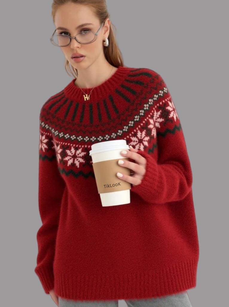 Vintage Jacquard Christmas Red Fair Island Sweater Women's Pullover Loose Autumn and Winter Lazy Knitted Sweater Women's Versatile