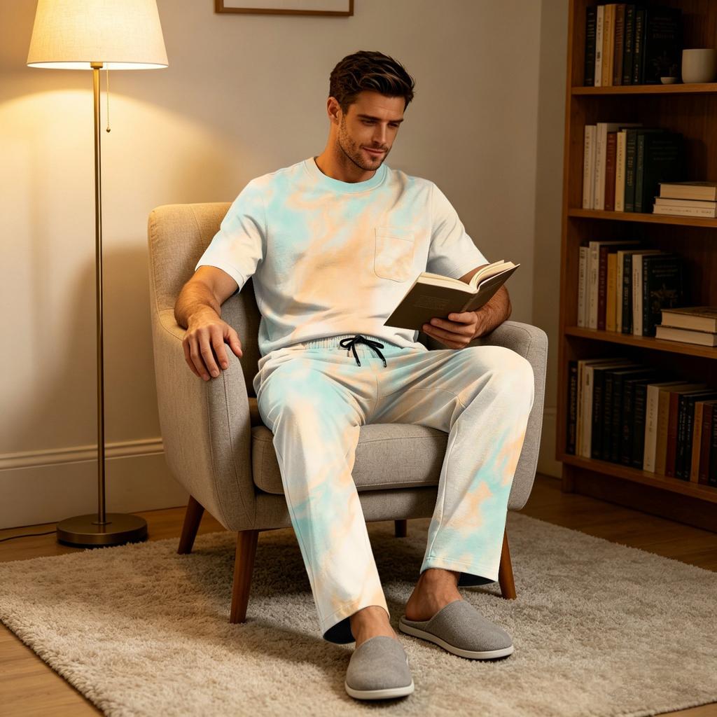 Herren-Haus-Pyjama-Set, Kurzarm-Oberteil und lange Hose mit Knopfleiste und Tunnelzug