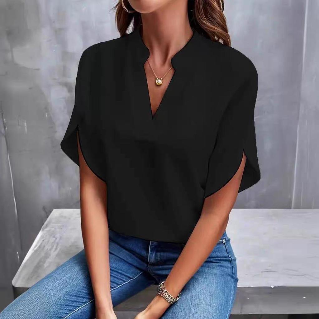 2024 Summer Fashion Women's V-neck Loose Solid Color Casual Top