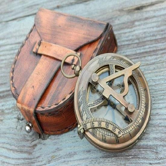 RII Nautical Directional Magnetic Sundial Brass Compass,  Decor Birthday Gifts for Men, Baptism Gifts with Sun dial in Leather Case