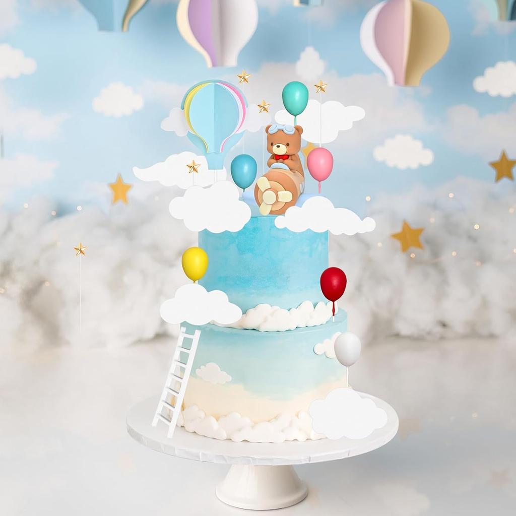 20 BUC Toppere Tort Avion Decoratiuni Tort Calatorie cu Avionul cu Ursuleț Balon cu Aer Cald pentru Baby Shower, Decoratiune Petrecere de Ziua de Naștere