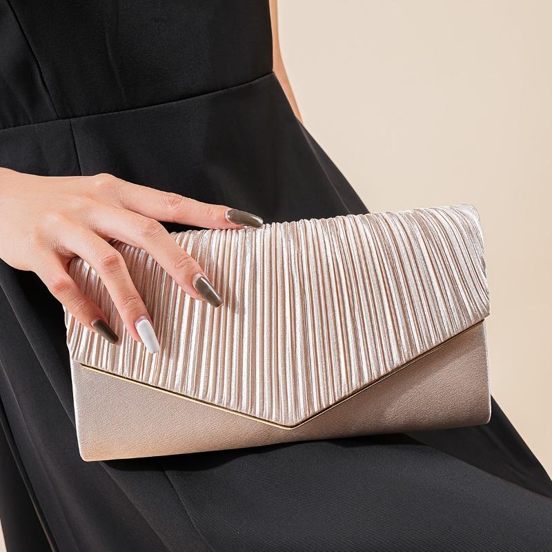Champagnerfarbene gefaltete Umschlag-Clutch, Elegante Abend-Umhängetasche mit abnehmbarem goldenem Kettenriemen, für Hochzeiten und formelle Veranstaltungen