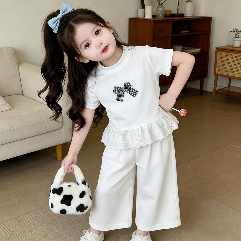 Summer Girls White Bow Short Sleeve Wide Leg Pants 2 Piece Set Fashionable Casual Baby Outfit 90cm