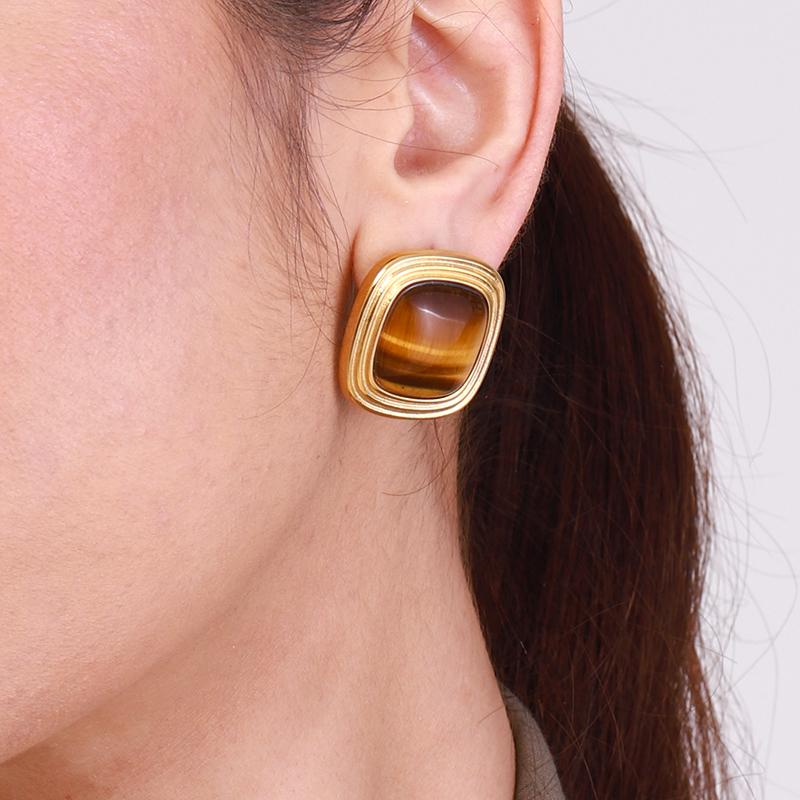 Youthway Vintage Tiger Eye Stud Earrings For Women  Gold Plated Stainless Steel Earrings Simple Fashion Jewelry Girls Gift
