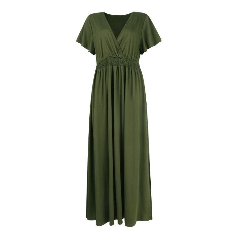 Sexy V Neck Wrap Waist Maxi Dress Women Summer Long Dress A Line Side Slit Solid Color Casual Comfortable Sleeve Fashion