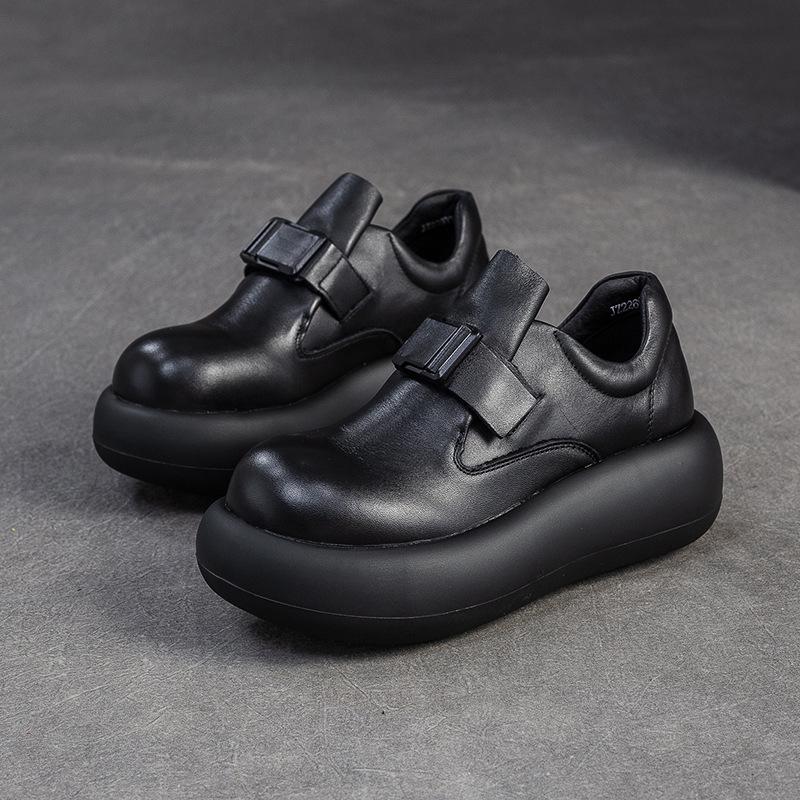 Fashion GKTINOO Spring Autumn Thick Soled Women's Shoes Genuine Leather British Style Big Toe Flat Platform Shoes Retro Slip-On Shoes