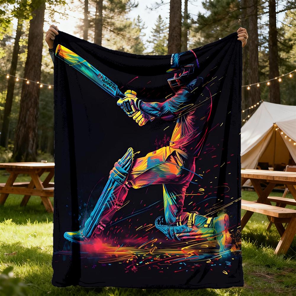 1pc Cricket Batting Flannel Blanket, Comfortable and Warm Blanket, for Camping Sofa Bed and Couch Office034