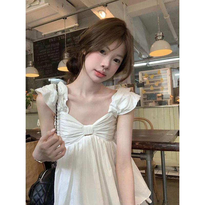 Kumikumi Gentle Temperament V-neck Pleat Cami Women Summer Age-Reducing Versatile White Slimming Top