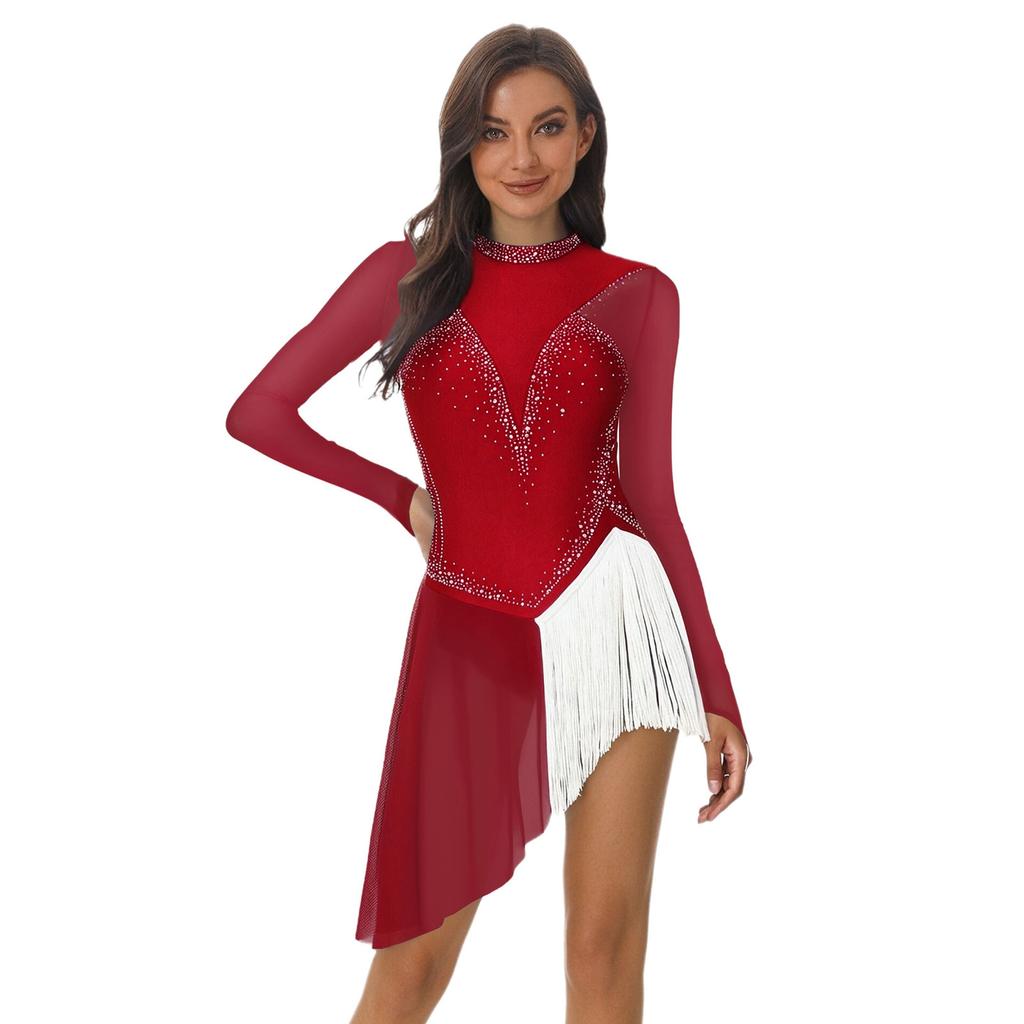Womens Long Sleeve Skating Dress Sparkle Rhinestone Backless Irregular Hem Side Fringe Leotard Gymnastics Costume