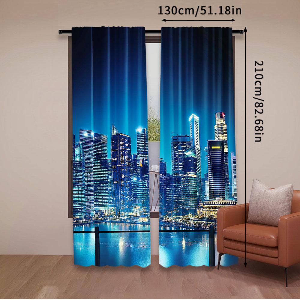Set Of 2 Cityscape Curtain Big City Night Panorama Balcony Skyscrapers Bedroom Living Room Dining Polyester Perfect For