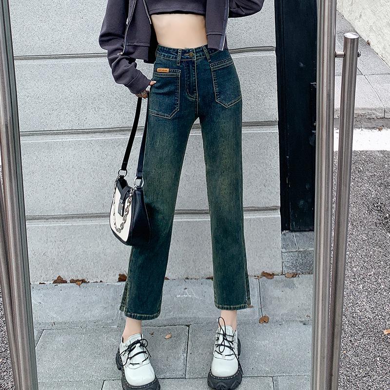 Women s High-Waisted Retro Washed Slimming A-Line Cigarette Jeans for Autumn M