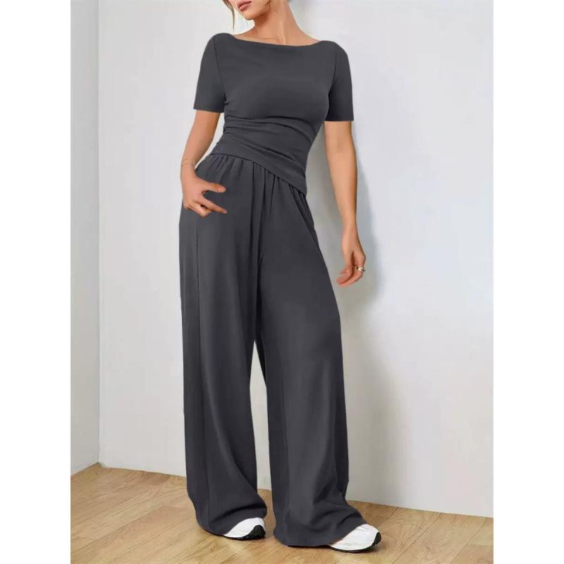 Women's Navy Blue One-Shoulder Long Sleeve Wide Leg Jumpsuit