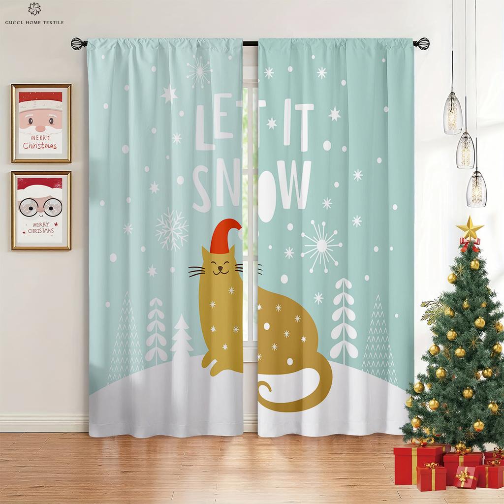 Christmas New Year Festival Decorative Curtains Christmas Tree Santa Claus Cartoon Print Bedroom Dining Room Decorative Curtains
