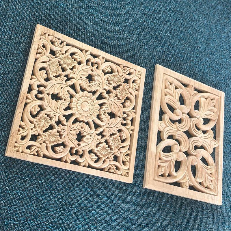 European-Style Openwork Square Wood Carving: French Retro Flower Inlay for Decorative Cabinets, Doors, or Windows.