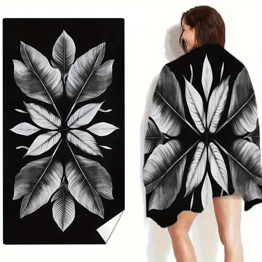 Black Beach Towel with Leaf Pattern, Elegant Botanical Art Quick-Dry Sand-Free Microfiber Bath Towels for Yoga, Swim and Travel