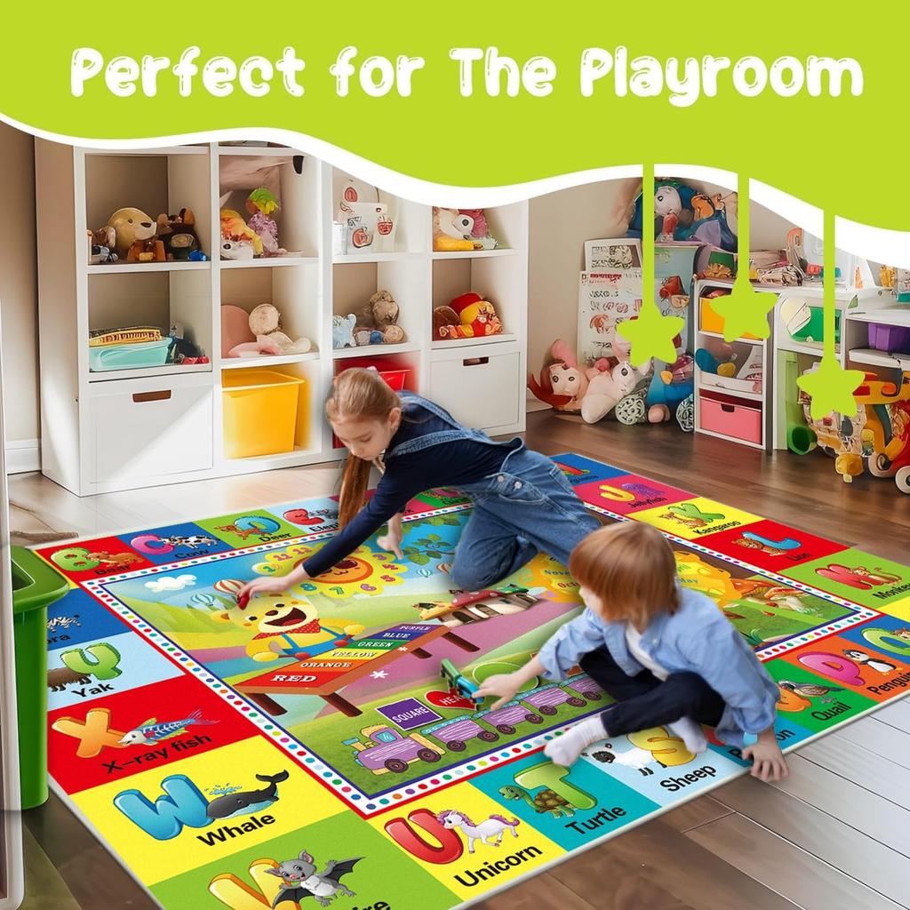 ABC Alphabet Play Rug for Kids, Educational Floor Mat with Numbers and Animals, Toddler and Preschool Learning Carpet