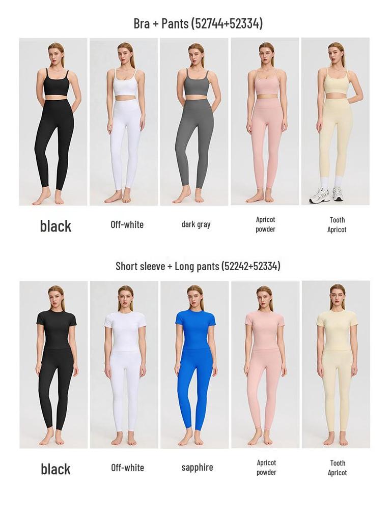 Bare-Feel Five-Piece Yoga Set: Long & Short Sleeve Tops, Chest Pads, Tight Slimming High-Waisted Pants.