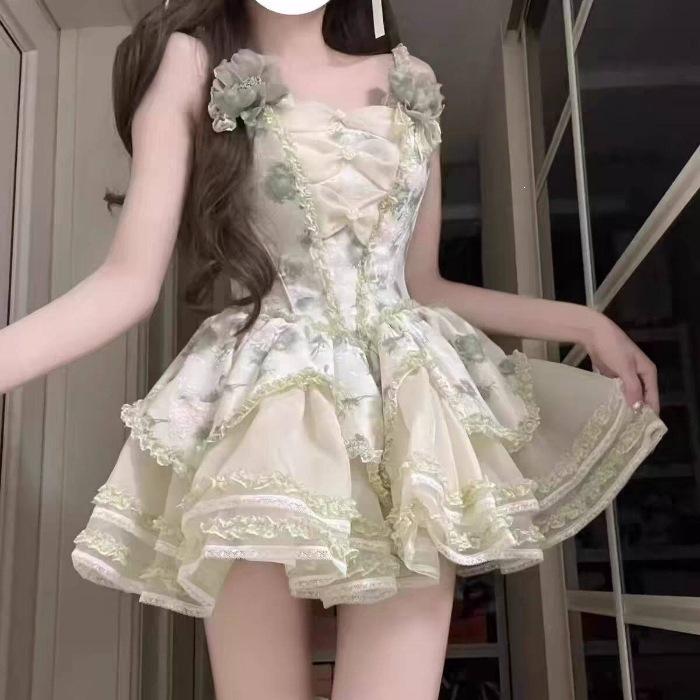Summer Sweet Dating Dress Lolita Design Sense Bow Jasmine Rain Princess Loli Suspender Fishbone Dress S