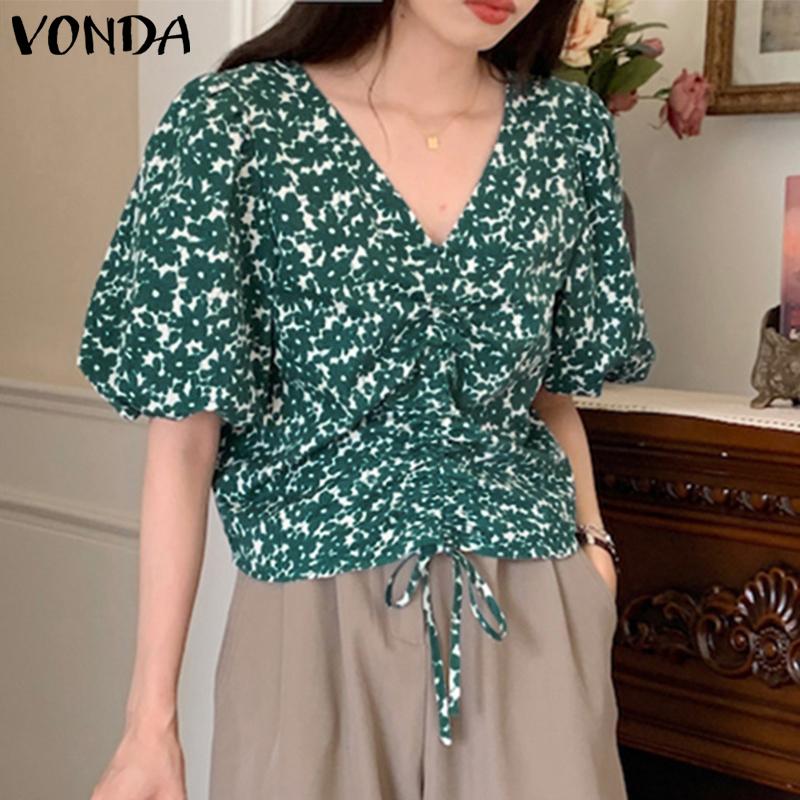 

VONDA Летняя женская блузка с цветочным принтом и пышными рукавами на шнуровке