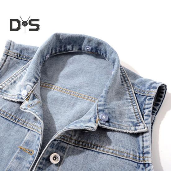 Damen Jeansmantel für Herbst und Frühling, einreihig, ärmellos, mit Kapuze, Taschen, lockere Jacke mit Kordelzug, kurze Weste für den Alltag