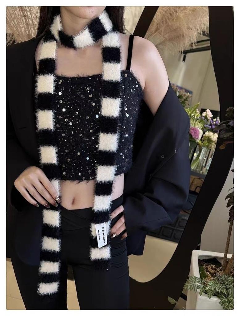 Slim Stripe Plush Scarf Clothing Accessories Striped Warm Soft Thin Scarf Knitted Wool Plush Long Narrow Scarves Autumn Winter