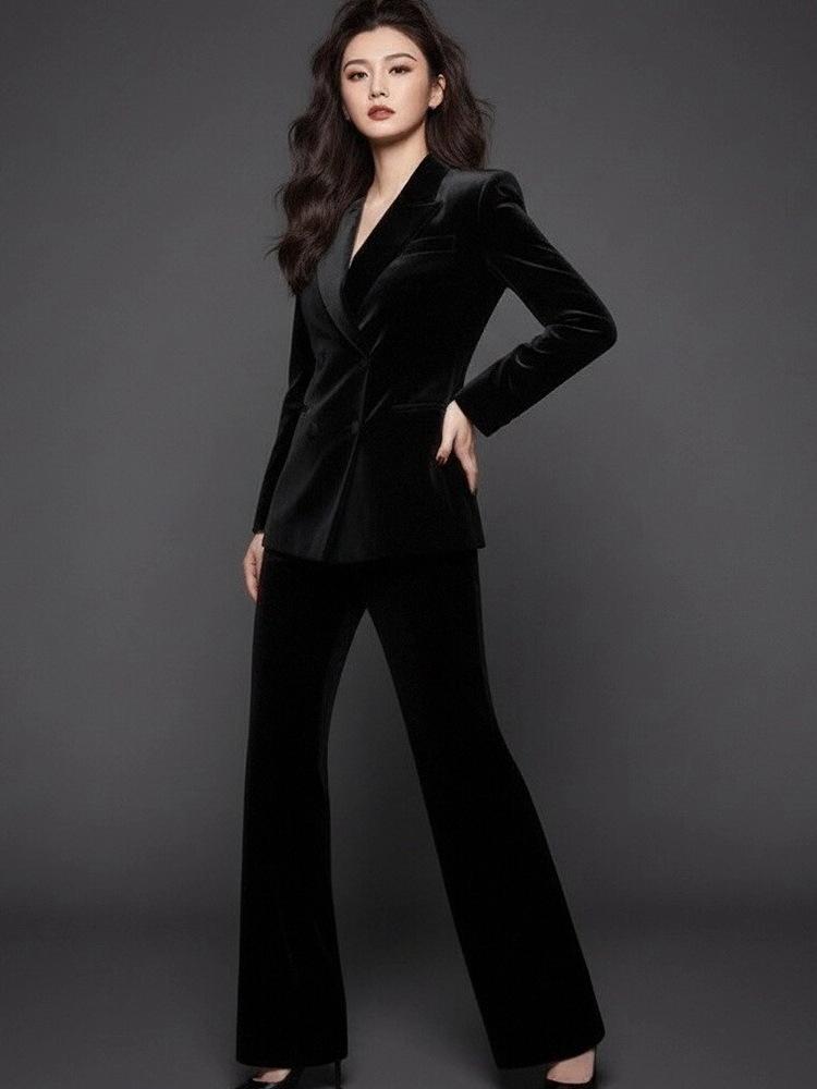 Elegant Black Buckle Gold Velvet Women s Suit - Autumn/Winter Two-Piece Professional Wear S