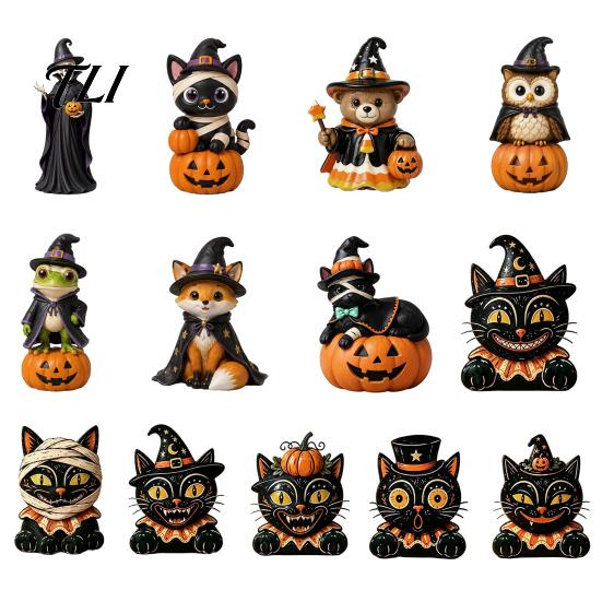 Cartoon Cat Figure Vintage Halloween Wooden Figurine, Rustic Witch Zombie Owl Frog Tabletop Small Wood Craft Ornament, Farmhouse Tiered Tray