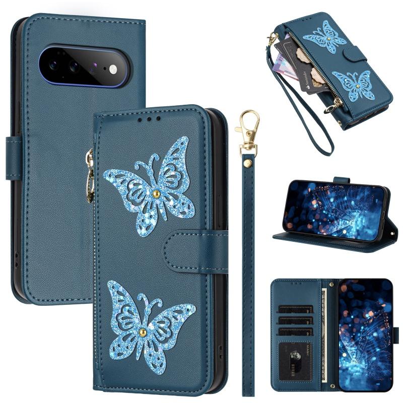 For Google Pixel 11 Pro XL 10A 10 9 9A 8 Sparkling Butterfly Zip Wallet Card Phone Case Lanyard Leather Flip Purse Holder Cover