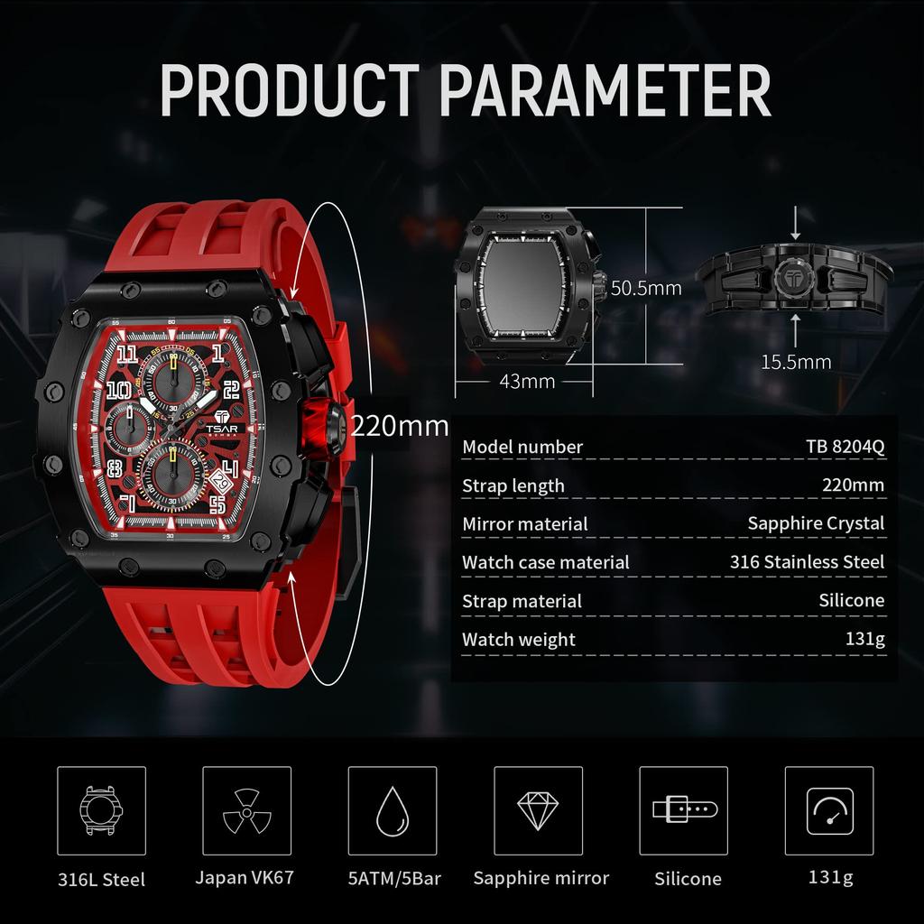 TSAR BOMBA 5 ATM Water Tonneau Stainless Barrel Men's Wristwatch, Resistant, Shape, Steel, Business, Sports, Luxury, Fashion, Casual, Shape, Black/Red