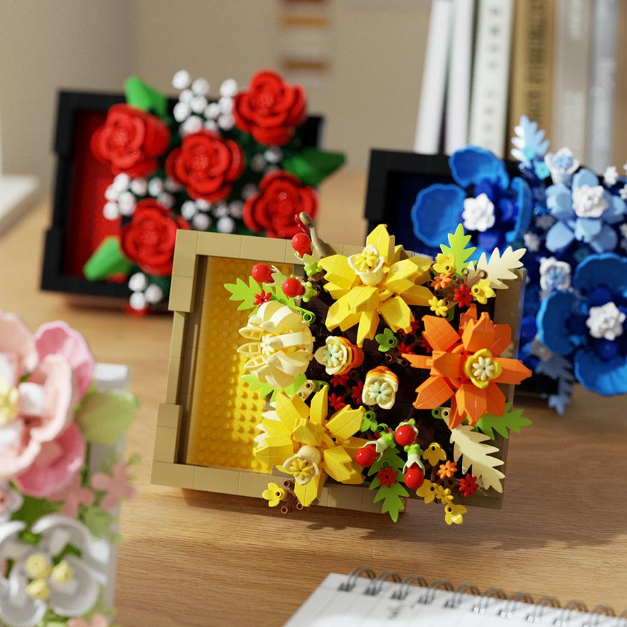 Non-Toxic Creative Artificial Flower Picture Frame Building Blocks Plastic Flowers Bricks Diy Art Ornament Valentine'S Day Gifts