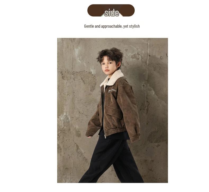 Kids' Fur Collar Leather Jacket with Fleece Lining - Thick Lapel Motorcycle Style for Boys, Winter Fashion.