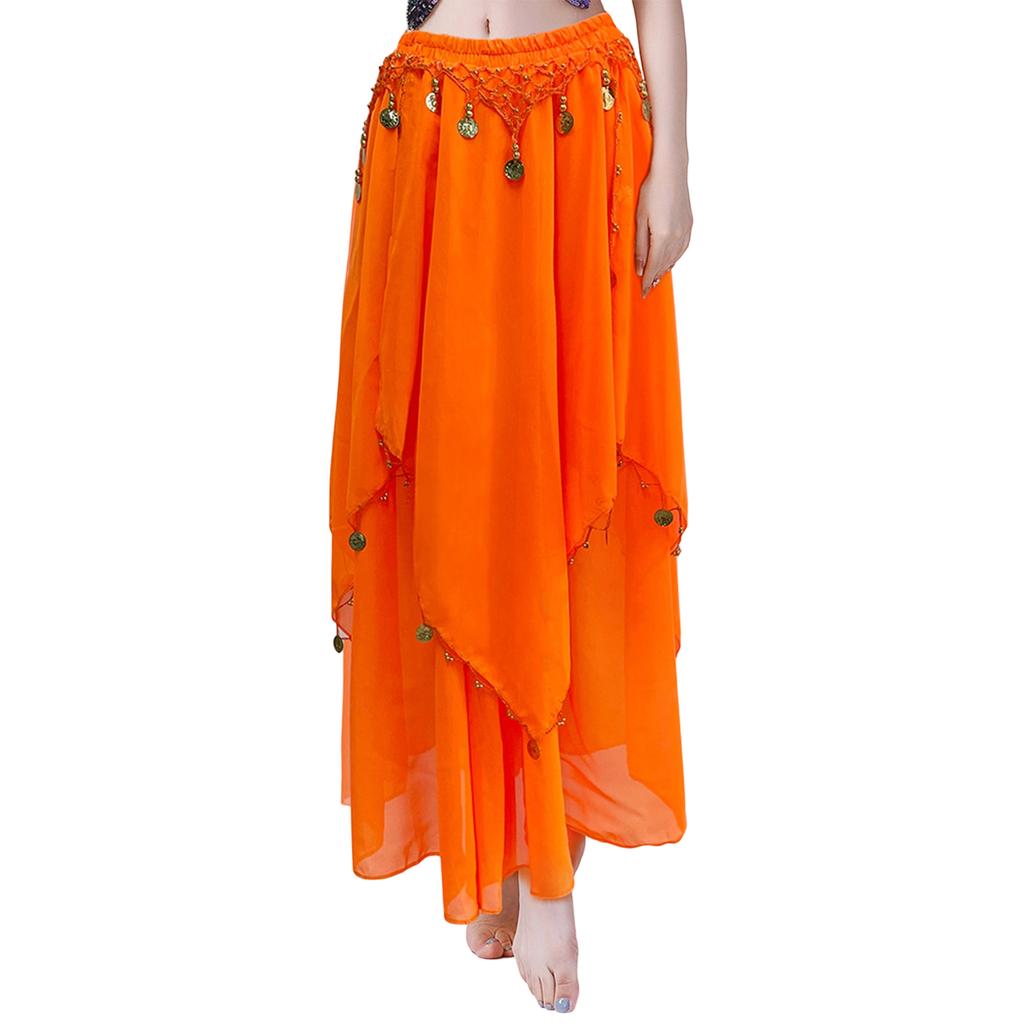 Fashion Ladies' Belly Dance Skirt Chiffon Big Swing Skirt Women Sequin Stage Performance Dress Solid Color Half Body Skirt