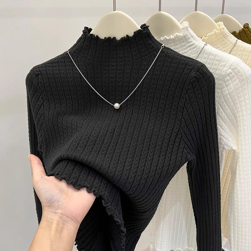 Autumn Winter Semi Turtleneck Knitted Pullover Women Sweater Casual Simple Bottoming Shirt Office Basic Pleated Solid Color Tops New Woman Clothing