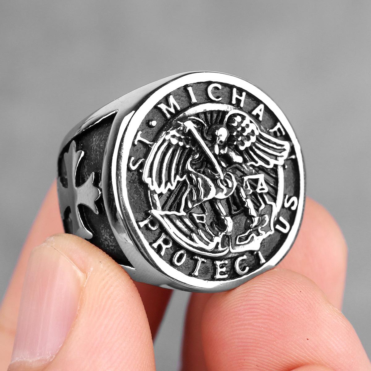 316L Roestvrij Staal St-Michaël Herenringen Goede Geluks Talisman Religieuze Persoonlijkheid Biker Ring voor Mannen Jongen Mode Sieraden Cadeau 9 white