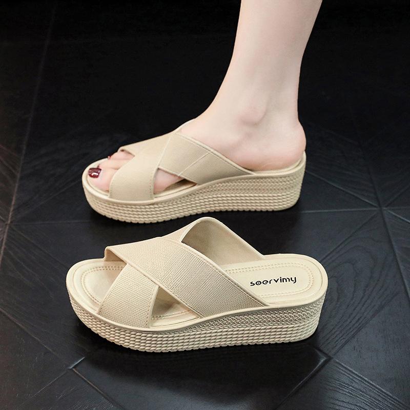 Fashion New Style Slope Heel Slippers Women's Summer Casual High Heel Sandals Female Anti Slip Plastic Beach Thick Sole Sandals Womens