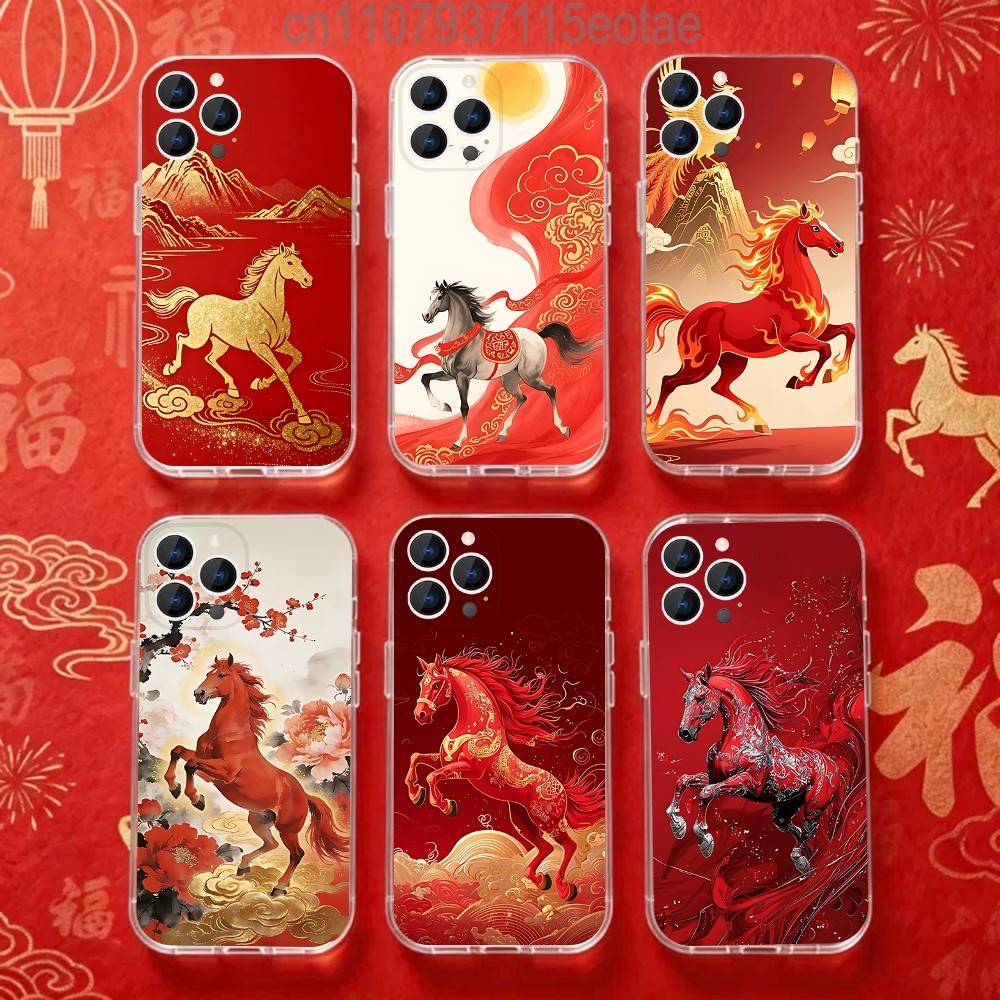 Fashion Chinese-Style Red Horse Phone Case for iPhone 16 15 14 13 12 11 17 Plus Pro Max X XR XS Max Soft Clear Tpu