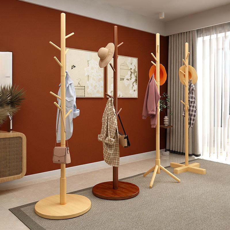 Solid Wood Coat Rack, Floor Standing Clothes Hanger, Household Simple Clothes Drying and Bag Hanging Rack