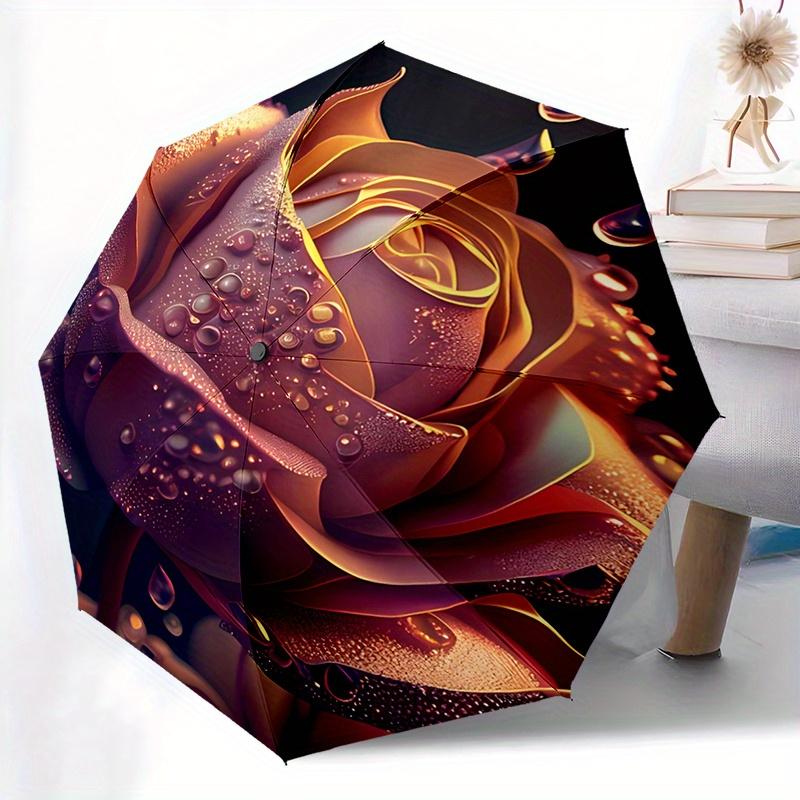 

1pc Rose with Dew Drops - 8 Ribs, Plastic Handle, Auto Open/Closed Umbrella - Fashion Pattern, Portable Folding Sunshade for T (as the picture,Iron&8K)