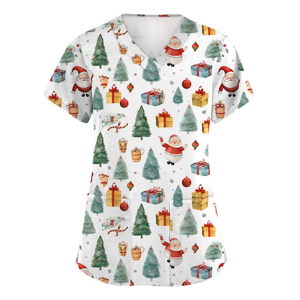 Women's Fashion Short Sleeve Christmas Print V-Neck Pocket Workwear Tops