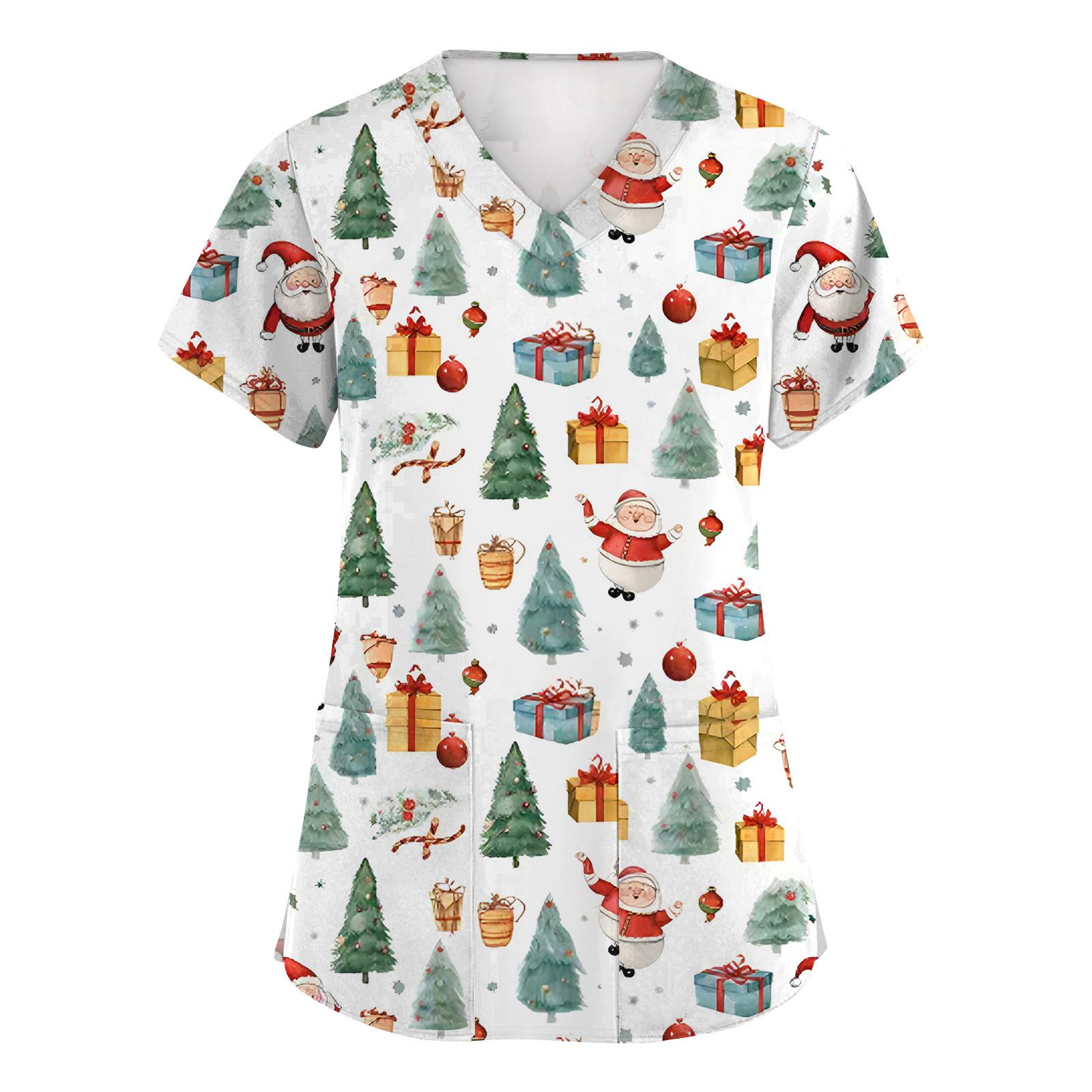 

Женские модные топы с коротким рукавом, рождественским принтом, V-образным вырезом, карманом, рабочая одежда S белый