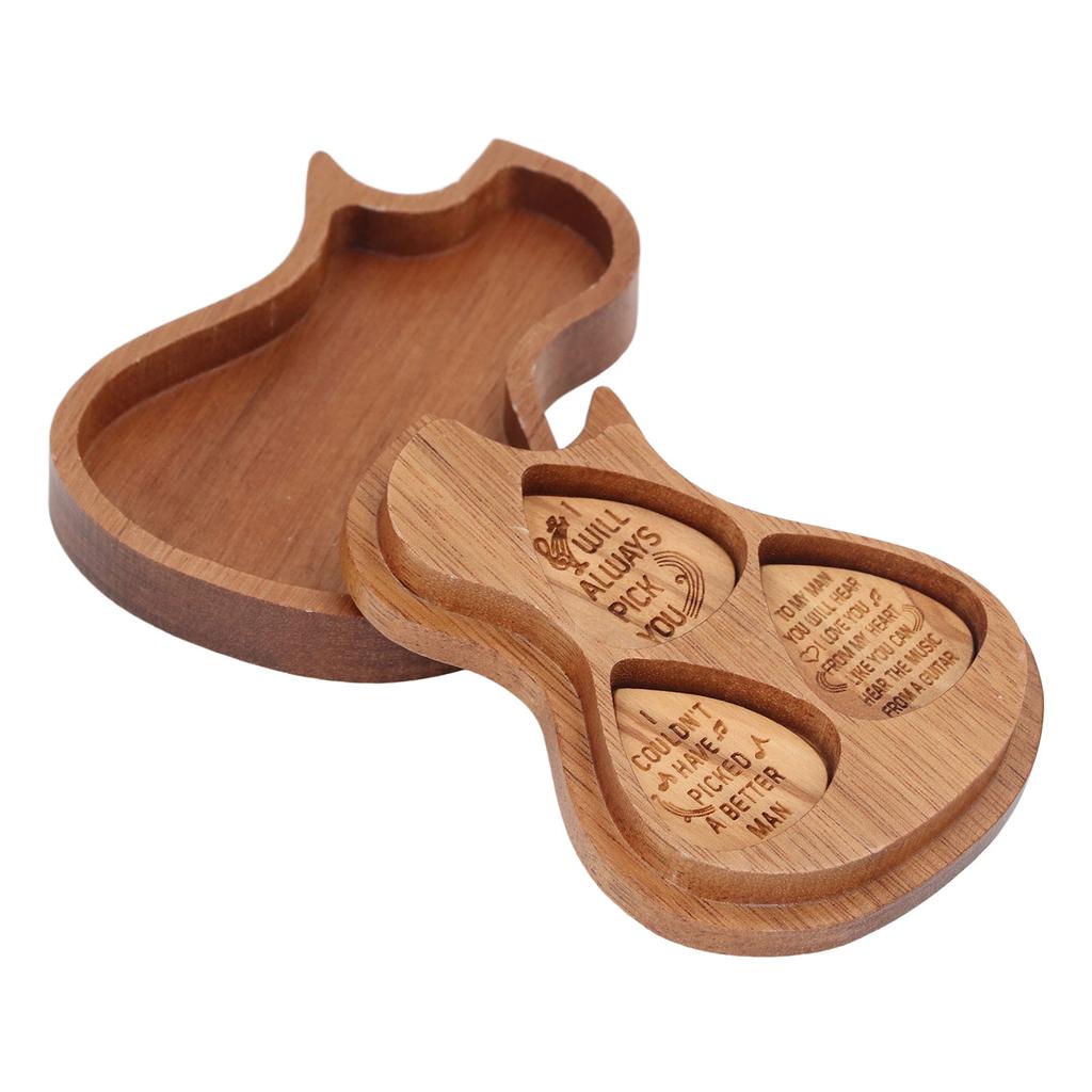Guitar Pick Box Engraved Guitar Portable 3 Wooden Picks and Storage Case for Birthday Christmas