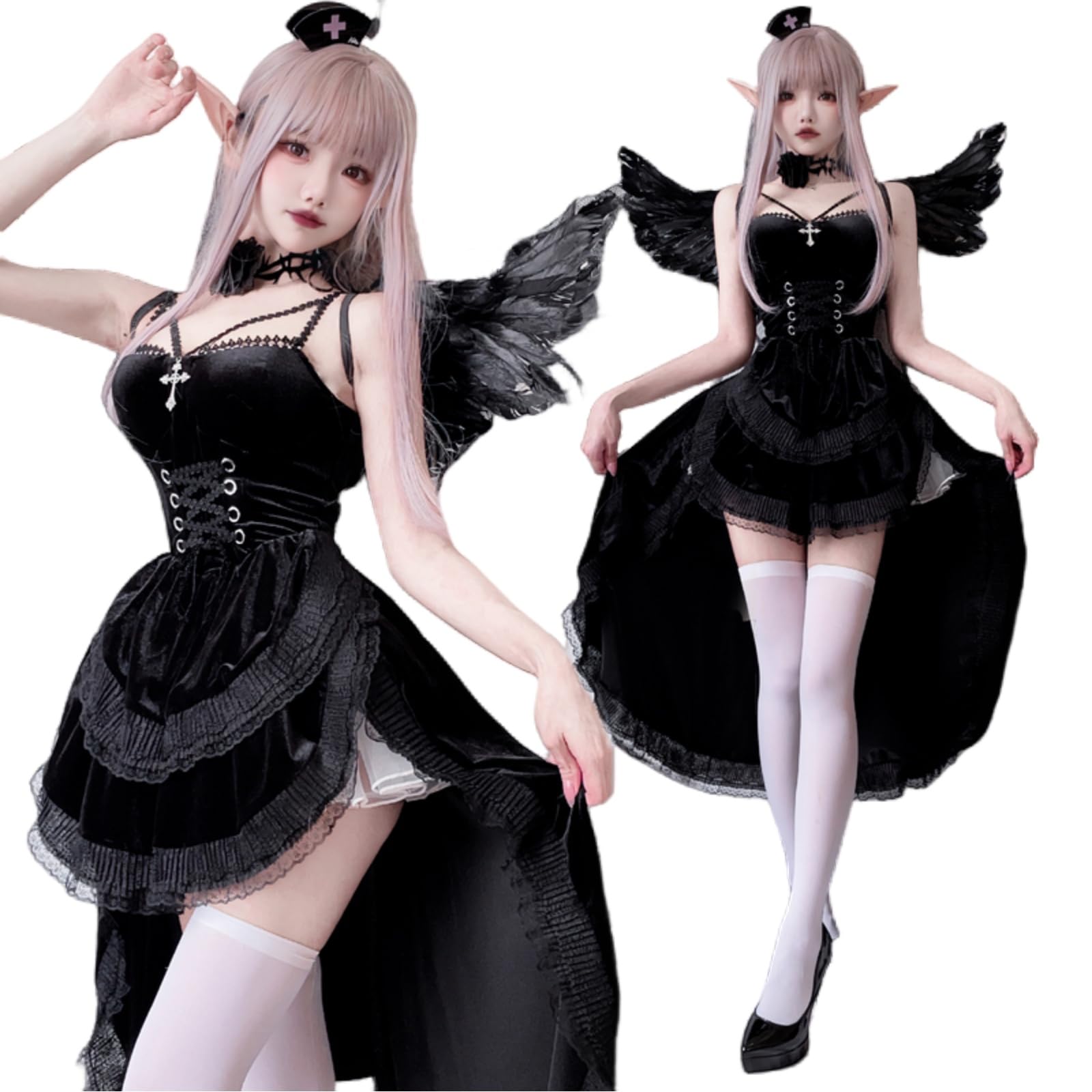 

[JUNDOMECY] Witch Devil Cosplay Sexy 6-Piece Set with Feathers and Petticoat, Black and Red, Demon, Vampire, Halloween Costume, Adult Women s, Cute, P